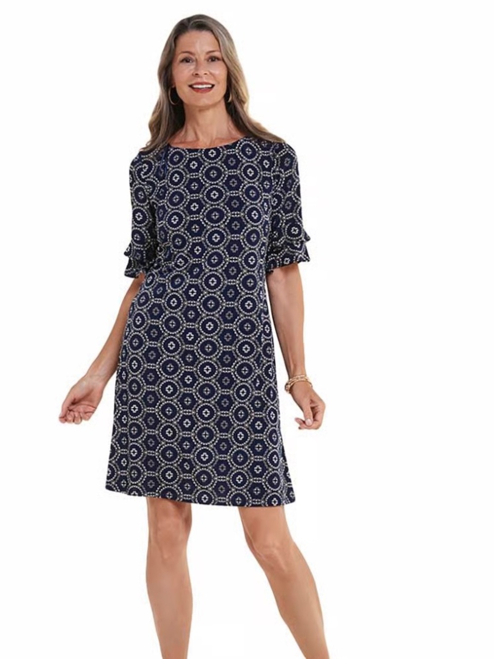 Perceptions Navy Geometric Print Double Ruffle Sleeve Shift Dress